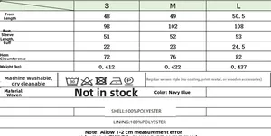 Größentabelle für marineblaue Baseballjacke mit Maßen für die Größen S, M und L
