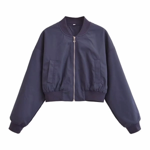Minimalistische dunkelblaue Bomberjacke für Damen mit Reißverschluss und Rippbündchen