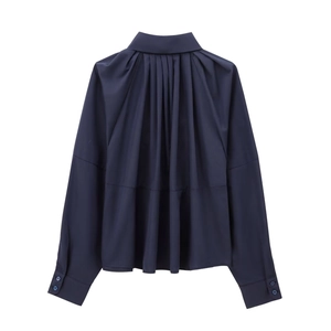 Dunkelblaue Damen-Popeline-Bluse mit hohem Kragen, Plissee-Rücken und langen Ärmeln