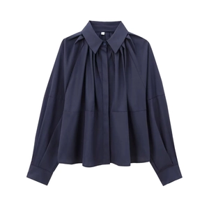 Damen Langarm Falten Popeline Hemd Umlegekragen Knöpfe Marineblau Elegant Lose Lässig Bluse Büro Dame Top