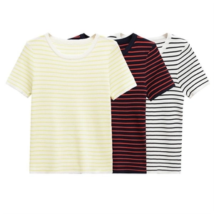 Top da Donna Casual a Righe Manica Corta in Maglia Girocollo a Costine in Cotone Mercerizzato T-Shirt Basic Daily Slim Fit