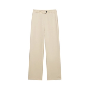 Pantalon large beige à taille haute pour femme avec une coupe droite et un tissu fluide