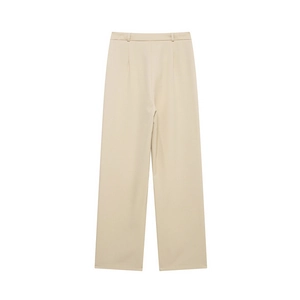 Pantalon large taille haute style français beige avec plis et passants de ceinture