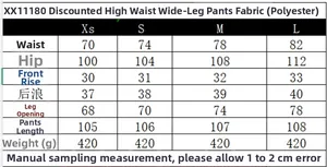 Detaillierte Größentabelle für hoch taillierte Weitbein-Hose aus Polyester