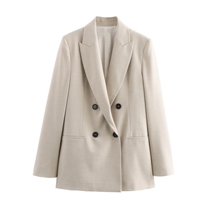 Zweireihiger Blazer in Haferbeige für Damen mit schwarzen Knöpfen und Reverskragen