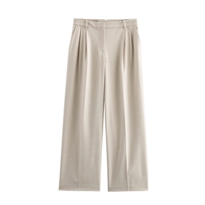 Damenanzughose mit hoher Taille und weitem Bein in Beige mit doppelten Bundfalten und Weite