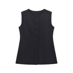 Classic black halter neck sleeveless vest with seven buttons and a slim fit design