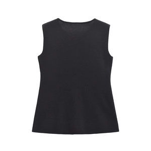 Women's minimalist black sleeveless halter neck vest top in soft knitted fabric