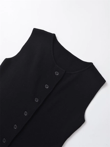 Detail view of high-density knit vest featuring black buttons and a classic round neckline