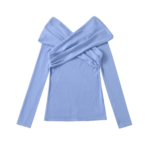 Women's light purple long sleeve knit top with a stylish crisscross V-neck design