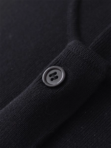 Macro shot of black knit fabric texture and high-quality resin button detail