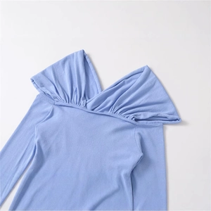 Elegant light blue off-shoulder knit top with cross pleated V-neckline for women