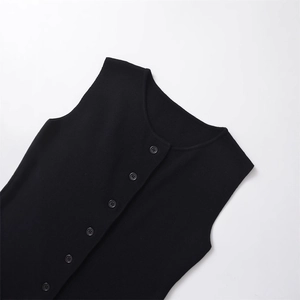 Women's black sleeveless knit vest with halter neck and buttons, classic minimalist style