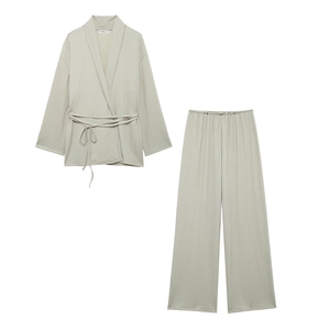 Women Casual Crinkle Textured Top And Wide Leg Pants Set V Neck Tie Waist Long Sleeve Loungewear Outfit