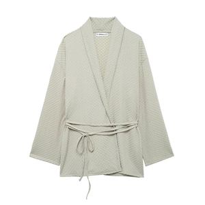 Minimalist beige textured tie-waist cardigan with V-neck and kimono-style sleeves