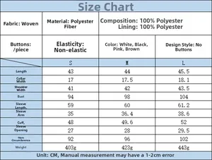 Detailed size guide table for women short blazer showing measurements and fabric specs
