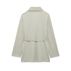Light gray waffle texture long sleeve tie-back top with elegant dropped shoulders back view