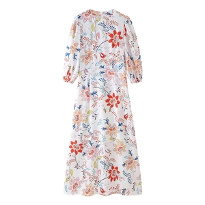 Maxikleid mit Blumenmuster, langen Puffärmeln und Rundhalsausschnitt in A-Linie Design