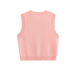Pink sleeveless knitted vest with ribbed edges in a minimalist crewneck design, back view