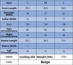 Detailed size chart for women floral knit jacket with S, M, L dimensions and ice silk fabric
