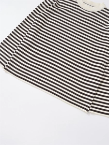 Nahaufnahme der gestreiften Stricktextur und des Rundhalsausschnitts dieses Langarmshirts