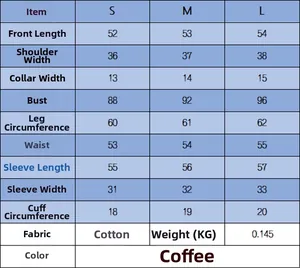 Detailed size chart for solid color casual cardigan with bust and length measurements
