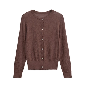 Classic dark brown knit cardigan with crew neck and contrasting buttons on white background