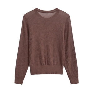 Minimalist brown sheer knit long sleeve cardigan with round neck and ribbed hem