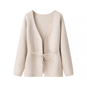 Cárdigan de punto beige elegante con cuello en V, cinturón de lazo y manga larga