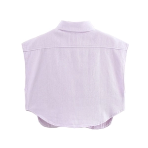 Lavender twill sleeveless vest for women with classic collar and curved hem back view
