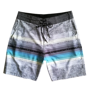 Men's quick-dry grey and blue striped beach shorts with adjustable drawstring waist