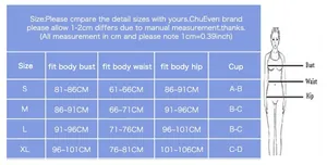 Detailed size chart for women's one-piece swimsuit featuring S to XL measurements and guide