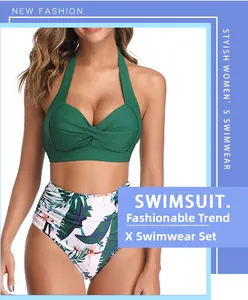 Detail of high-waist tropical leaf print bikini bottom and dark green halter knot bikini top
