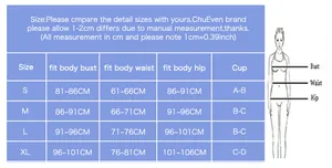 Detailed size chart for women's one-piece swimsuit ranging from size S to XL in centimeters
