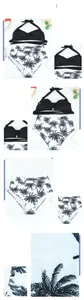Detail of high waisted bikini set with palm leaf print and halter back neck tie design