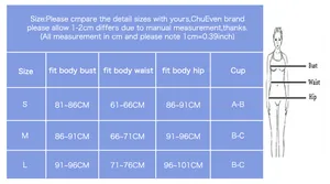 Detailed size chart for sexy three-point bikini showing bust, waist, and hip measurements