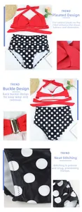 Detailed views of high waist bikini with red halter top and black white polka dot bottom