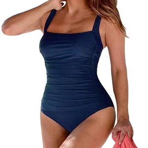 Navy blue one-piece swimsuit for women with square neck and ruched slimming front panel