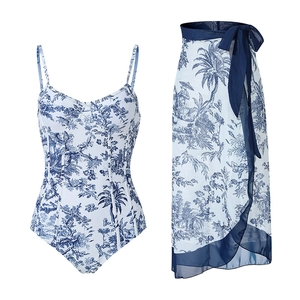 Retro Toile de Jouy print one-piece swimsuit and matching beach sarong wrap skirt