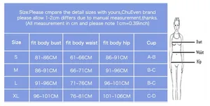 Tableau des tailles avec mesures du buste, taille et hanches pour bikini deux pièces