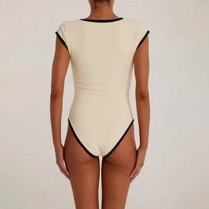 Sexy backless one-piece swimsuit in off-white ribbed fabric with black contrast trim