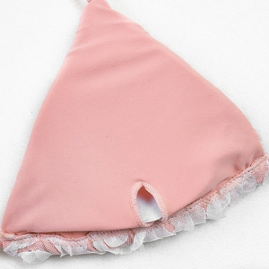 Detail of pink bikini top with white lace trim and pocket for removable breast pads