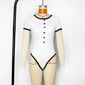 Detail of white ribbed bodysuit with short sleeves and black contrast trim on collar