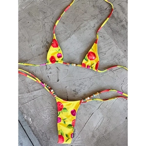 Women Sexy Cherry Fruit Print Bikini Set Colorful Beaded Halter Neck Tie Side Two Piece Swimsuit Yellow Beach Swimwear