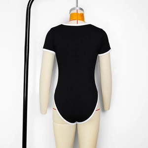 Back view of black short-sleeve bodysuit with white contrast piping and slim fit