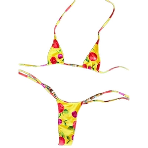 Sexy yellow cherry print micro bikini set with beaded straps and halter neck style