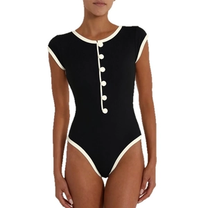 Women's black one-piece swimsuit with white piping and button detail in sporty style