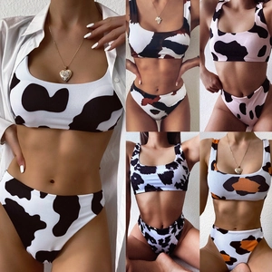 Women Sexy Cow Print Bikini Set Ribbed Top And Bottoms High Cut Bathing Suit Sporty Swimsuit Beachwear Summer Vacation