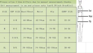 Detailed size chart for women's two-piece swimsuit with measurements in cm for S to XL