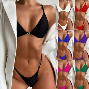 Western Sexy Nylon Bikini Top And Bottom Heart Metal Buckle Solid Color Two Piece Swimwear For Women Beach Pool Holiday